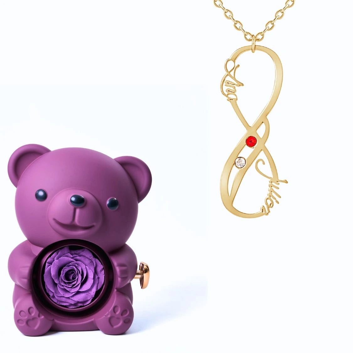 Ours Éternel & Collier Vertical Infini Deux Prénoms et Pierres