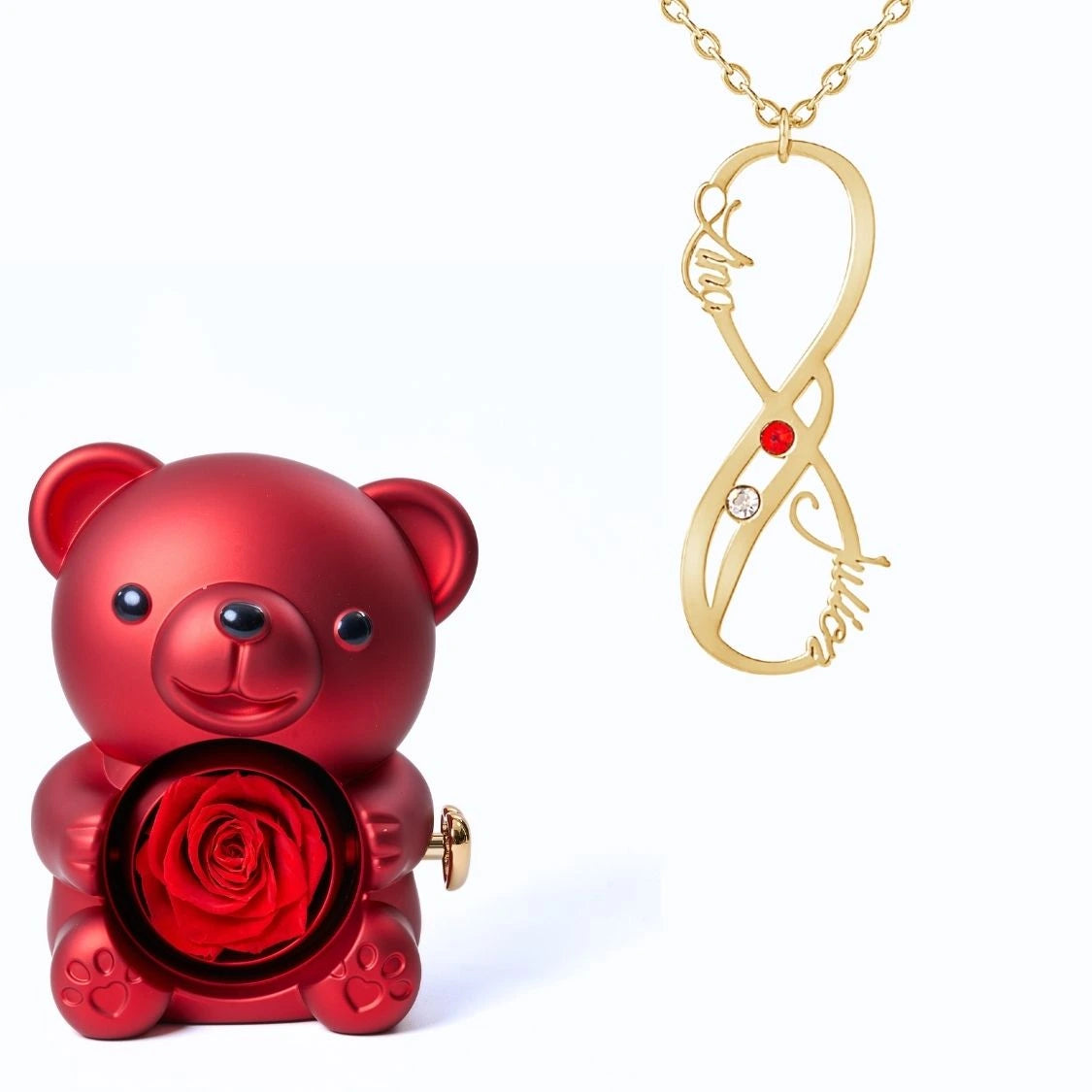 Ours Éternel & Collier Vertical Infini Deux Prénoms et Pierres