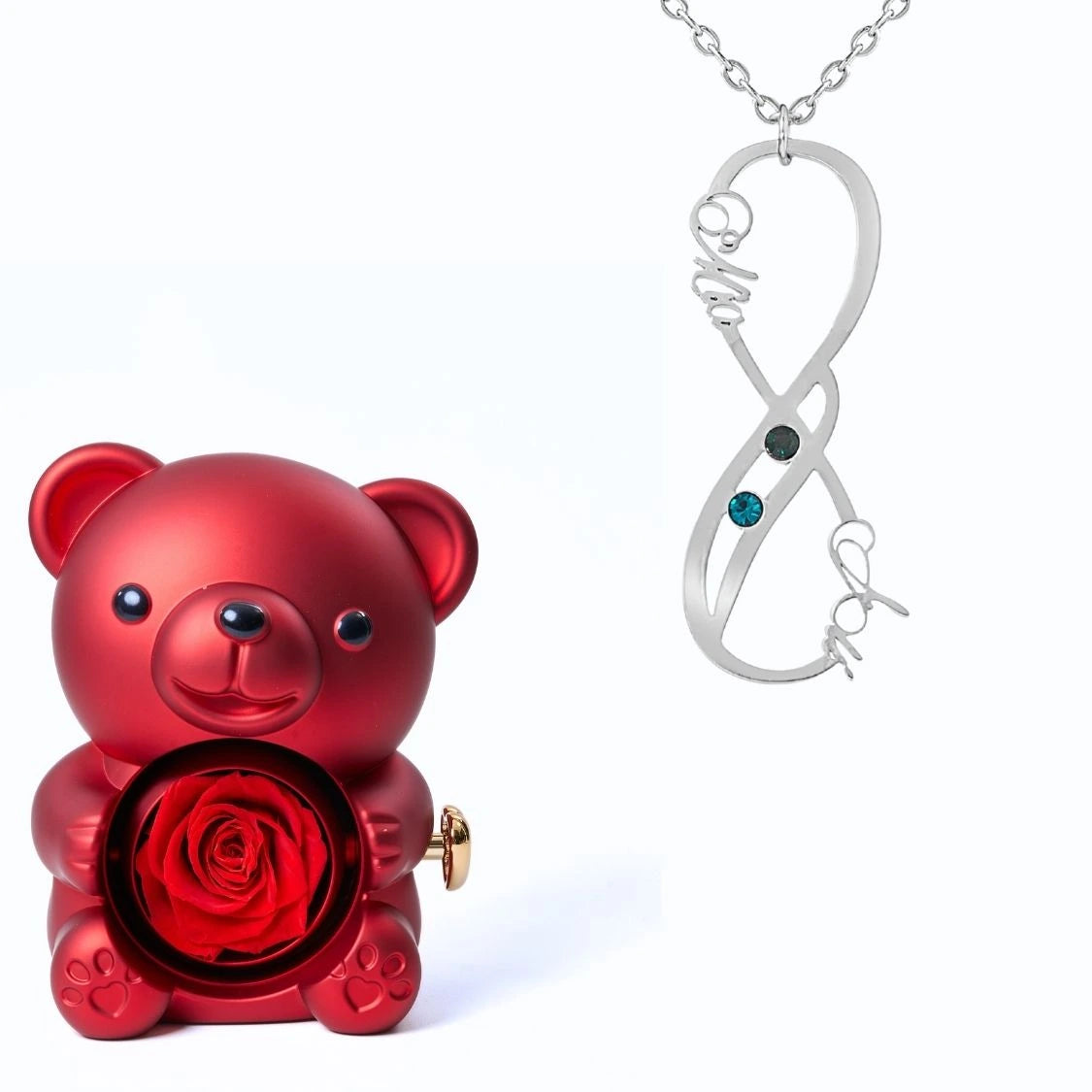 Ours Éternel & Collier Vertical Infini Deux Prénoms et Pierres