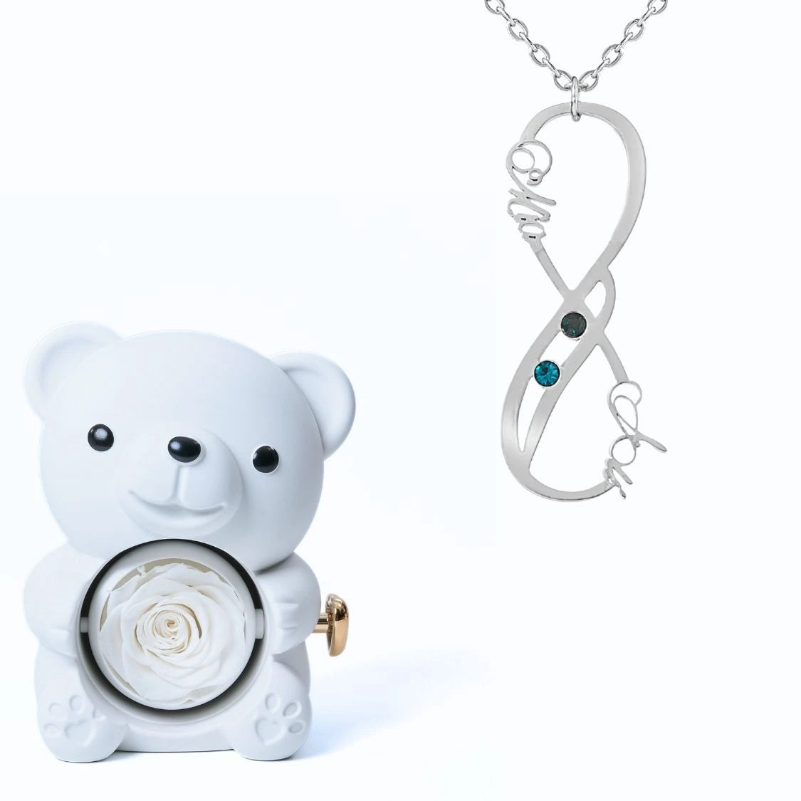 Ours Éternel & Collier Vertical Infini Deux Prénoms et Pierres