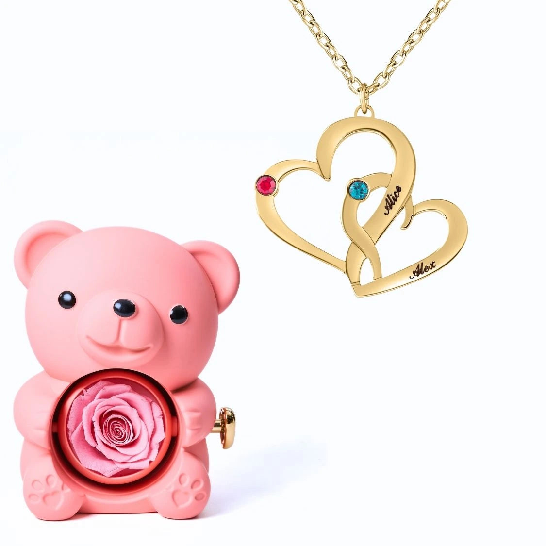 Ours Éternel & Collier Cœurs Entrelacés avec Pierres de Naissance et Prénoms Gravés