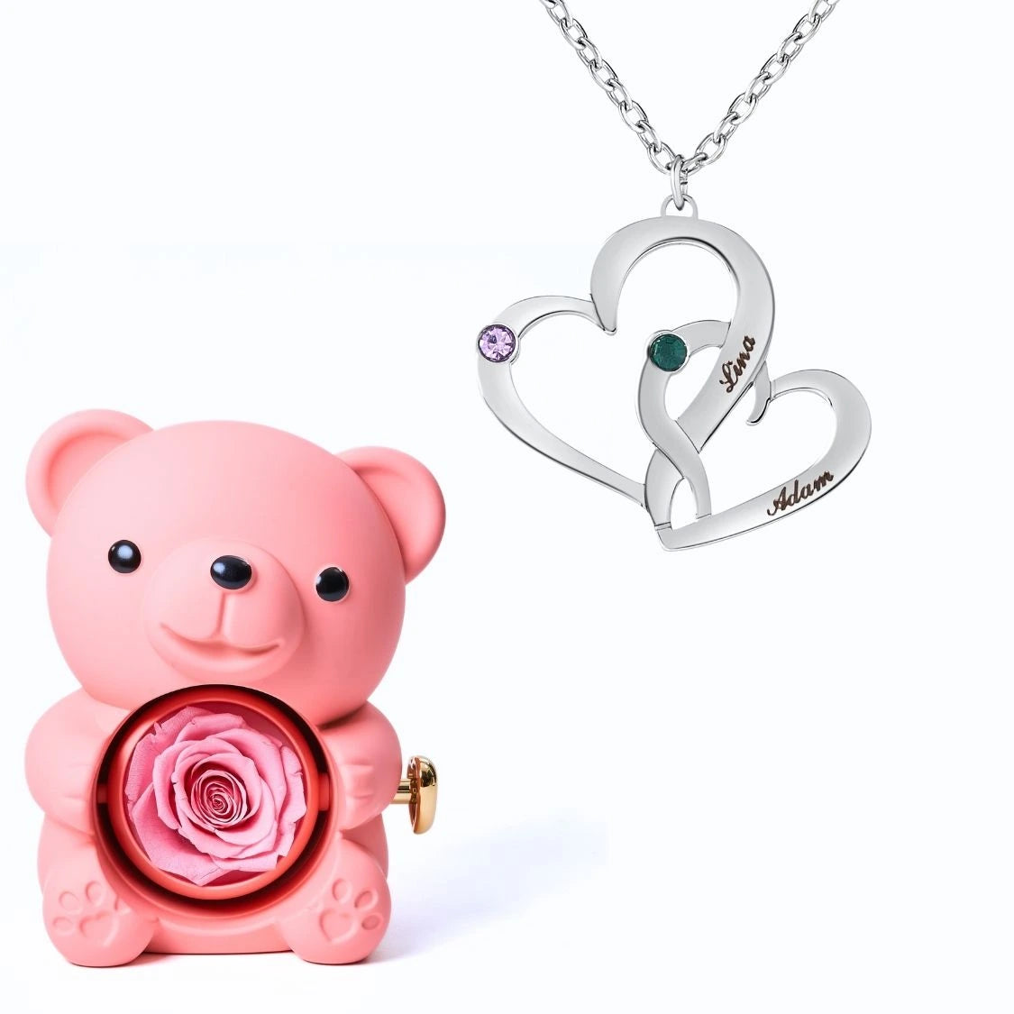 Ours Éternel & Collier Cœurs Entrelacés avec Pierres de Naissance et Prénoms Gravés