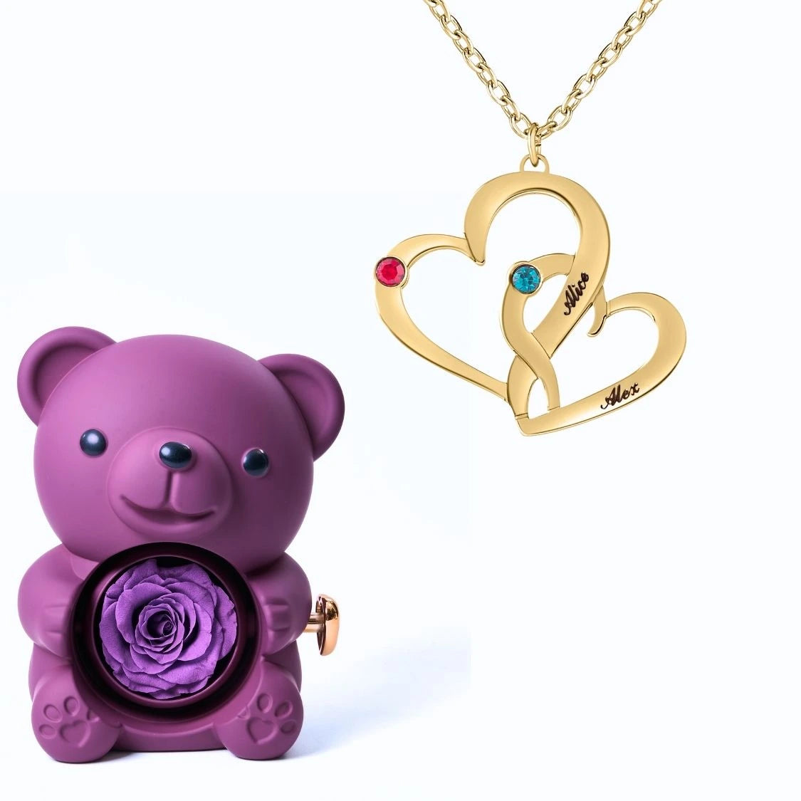 Ours Éternel & Collier Cœurs Entrelacés avec Pierres de Naissance et Prénoms Gravés