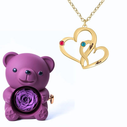 Ours Éternel & Collier Cœurs Entrelacés avec Pierres de Naissance et Prénoms Gravés