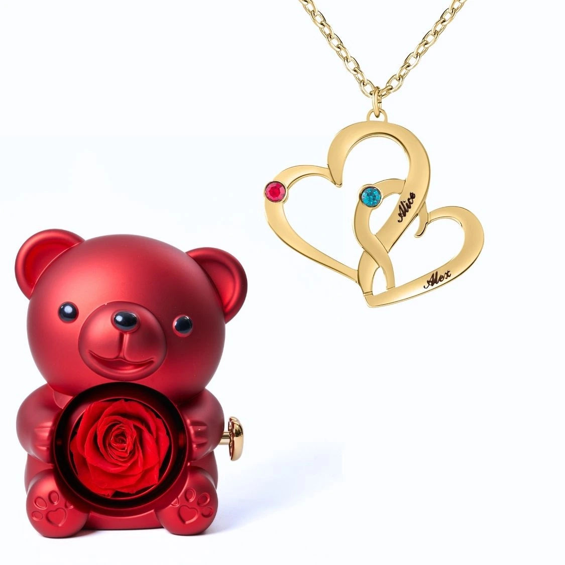 Ours Éternel & Collier Cœurs Entrelacés avec Pierres de Naissance et Prénoms Gravés