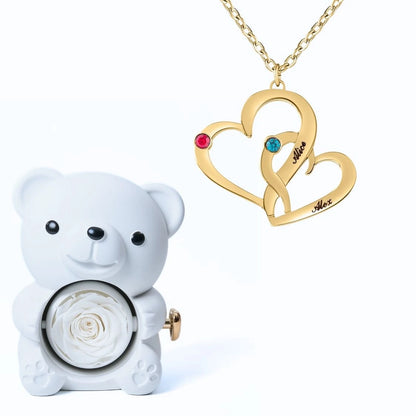 Ours Éternel & Collier Cœurs Entrelacés avec Pierres de Naissance et Prénoms Gravés