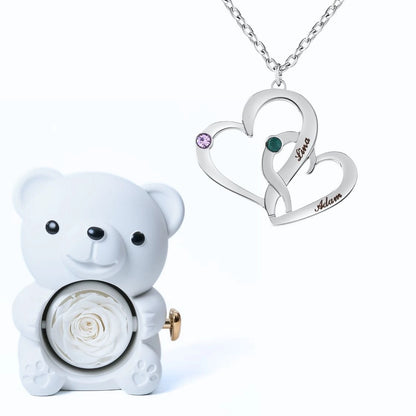 Ours Éternel & Collier Cœurs Entrelacés avec Pierres de Naissance et Prénoms Gravés