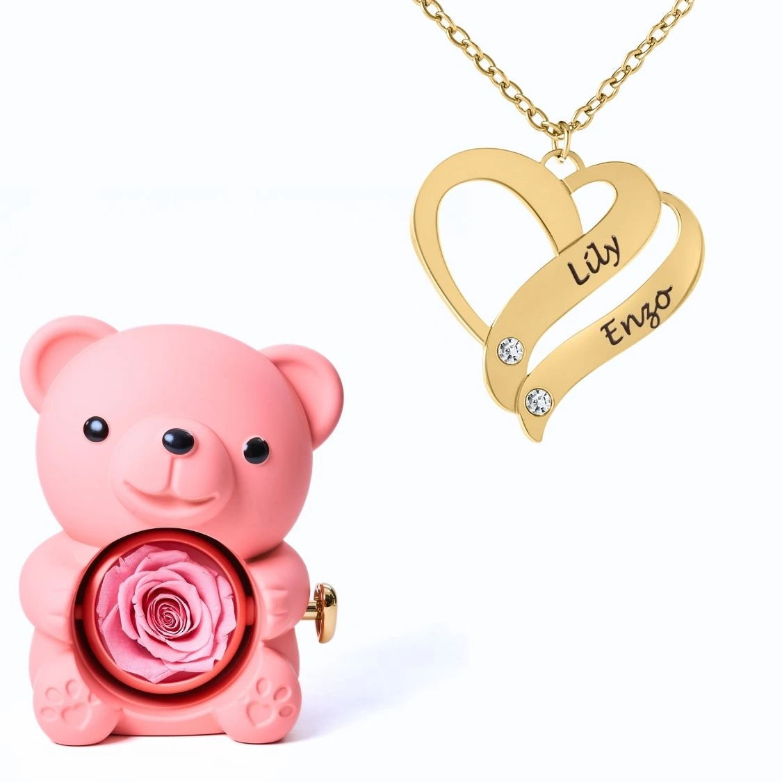 Ours Éternel & Collier Cœur Entrelacé Personnalisé avec Pierres en Cristal