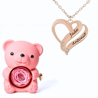 Ours Éternel & Collier Cœur Entrelacé Personnalisé avec Pierres en Cristal