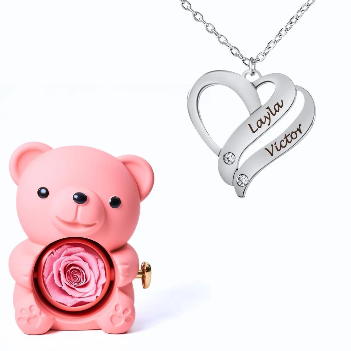 Ours Éternel & Collier Cœur Entrelacé Personnalisé avec Pierres en Cristal