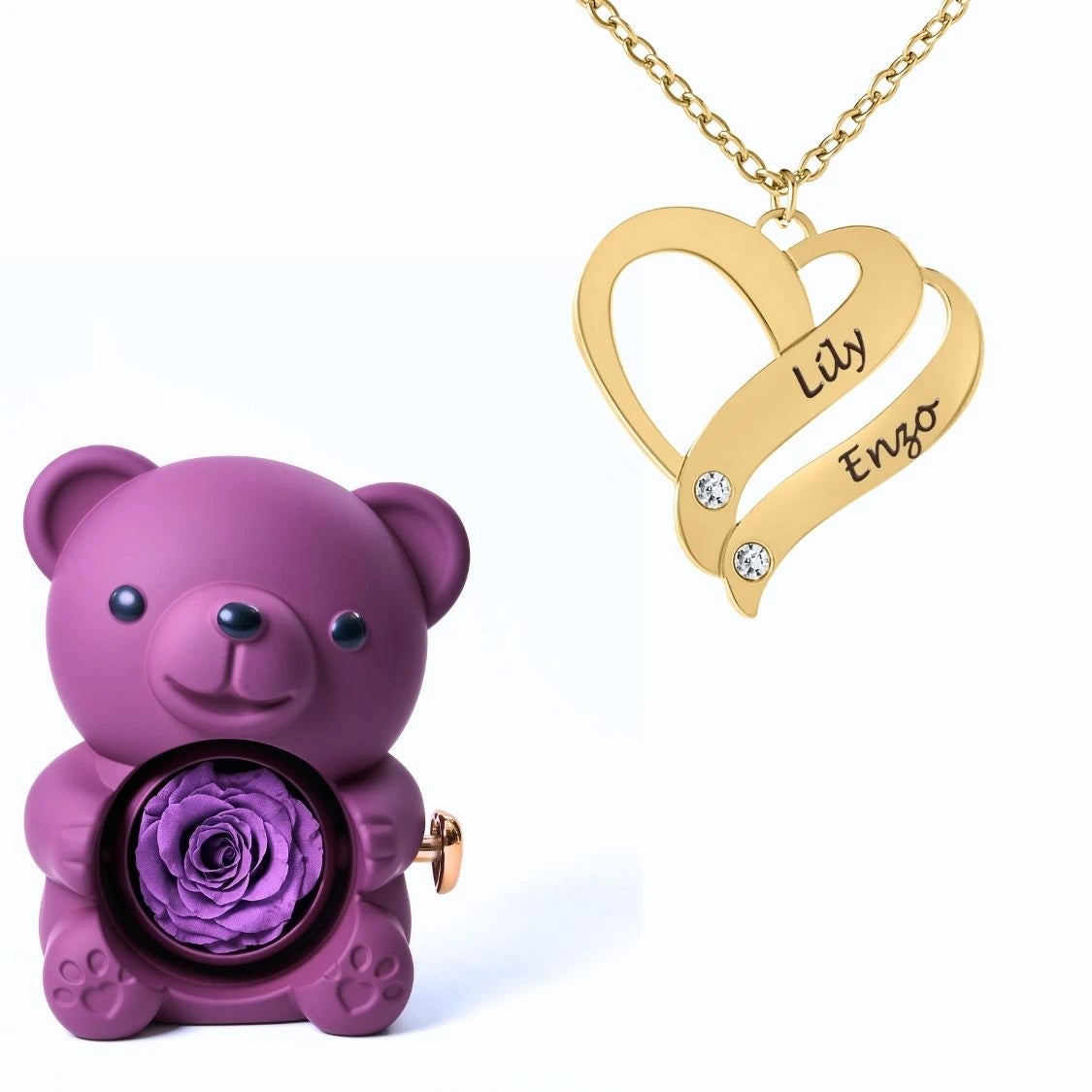 Ours Éternel & Collier Cœur Entrelacé Personnalisé avec Pierres en Cristal