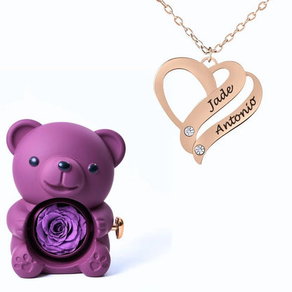 Ours Éternel & Collier Cœur Entrelacé Personnalisé avec Pierres en Cristal