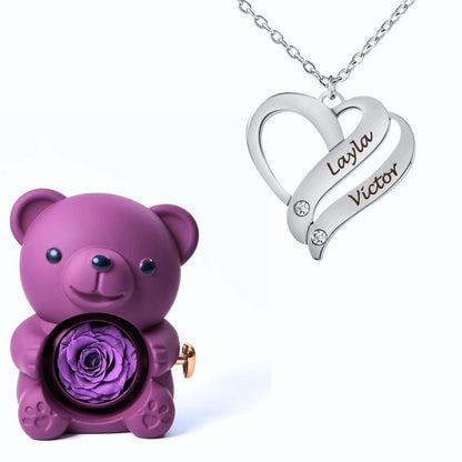 Ours Éternel & Collier Cœur Entrelacé Personnalisé avec Pierres en Cristal