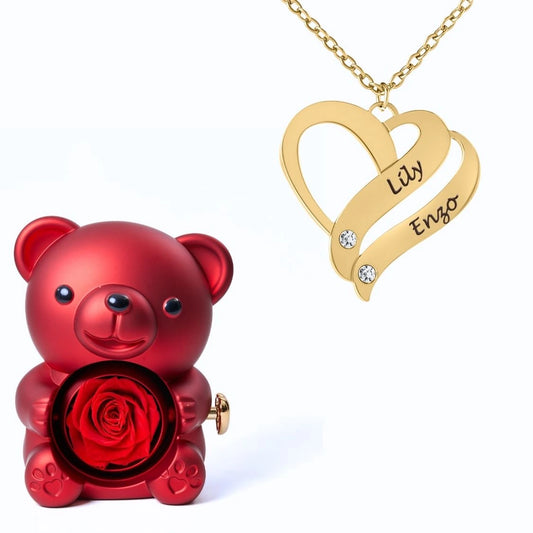 Ours Éternel & Collier Cœur Entrelacé Personnalisé avec Pierres en Cristal