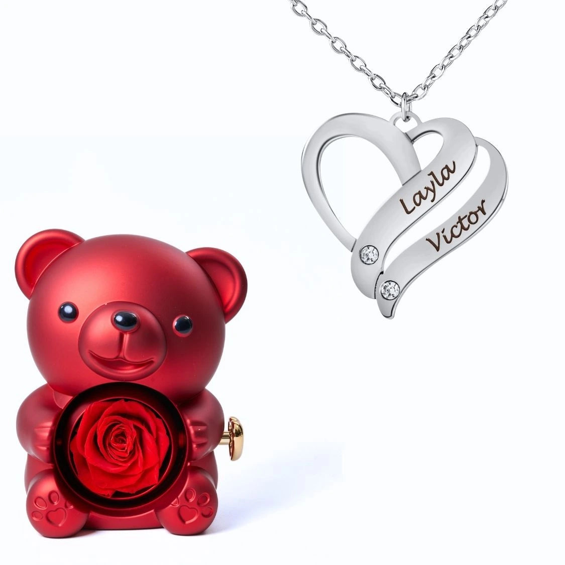 Ours Éternel & Collier Cœur Entrelacé Personnalisé avec Pierres en Cristal