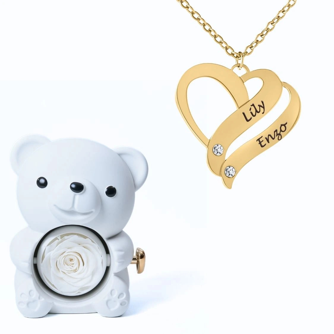 Ours Éternel & Collier Cœur Entrelacé Personnalisé avec Pierres en Cristal