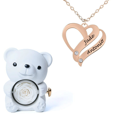 Ours Éternel & Collier Cœur Entrelacé Personnalisé avec Pierres en Cristal