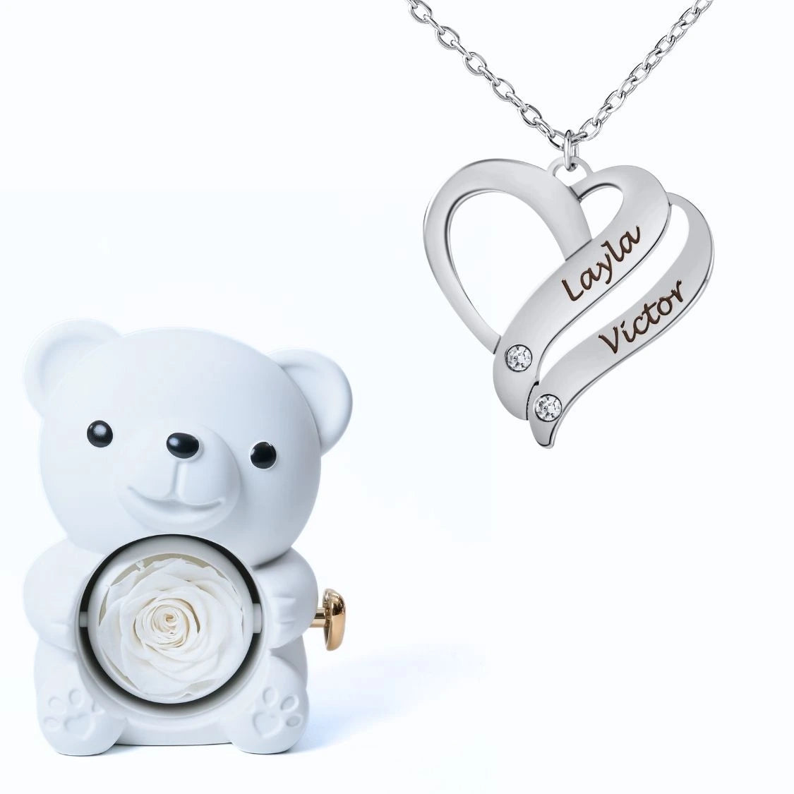 Ours Éternel & Collier Cœur Entrelacé Personnalisé avec Pierres en Cristal