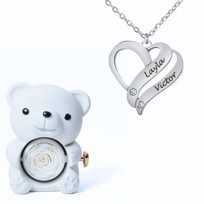 Ours Éternel & Collier Cœur Entrelacé Personnalisé avec Pierres en Cristal