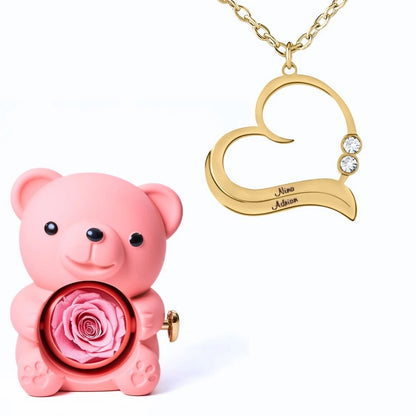Ours Éternel & Collier Cœur Ouvert avec Prénoms Gravés et Cristaux Scintillants