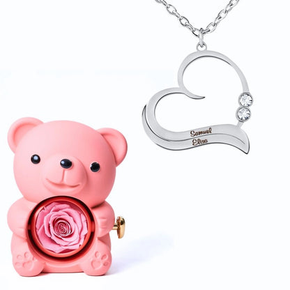 Ours Éternel & Collier Cœur Ouvert avec Prénoms Gravés et Cristaux Scintillants