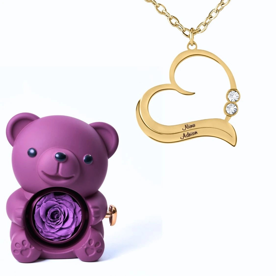 Ours Éternel & Collier Cœur Ouvert avec Prénoms Gravés et Cristaux Scintillants