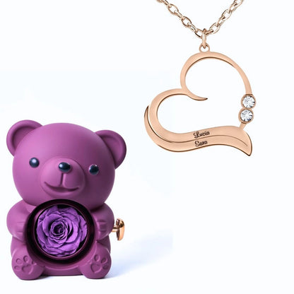 Ours Éternel & Collier Cœur Ouvert avec Prénoms Gravés et Cristaux Scintillants