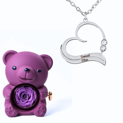 Ours Éternel & Collier Cœur Ouvert avec Prénoms Gravés et Cristaux Scintillants