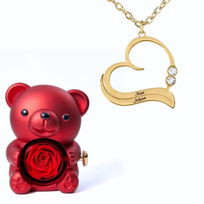 Ours Éternel & Collier Cœur Ouvert avec Prénoms Gravés et Cristaux Scintillants
