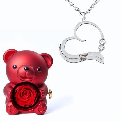Ours Éternel & Collier Cœur Ouvert avec Prénoms Gravés et Cristaux Scintillants