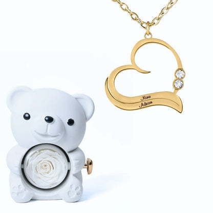 Ours Éternel & Collier Cœur Ouvert avec Prénoms Gravés et Cristaux Scintillants