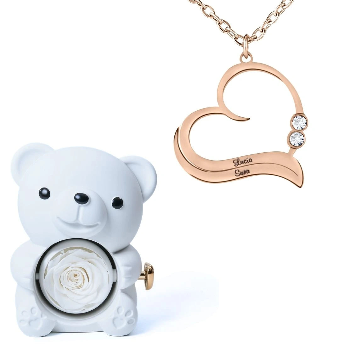 Ours Éternel & Collier Cœur Ouvert avec Prénoms Gravés et Cristaux Scintillants