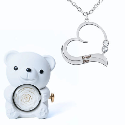 Ours Éternel & Collier Cœur Ouvert avec Prénoms Gravés et Cristaux Scintillants