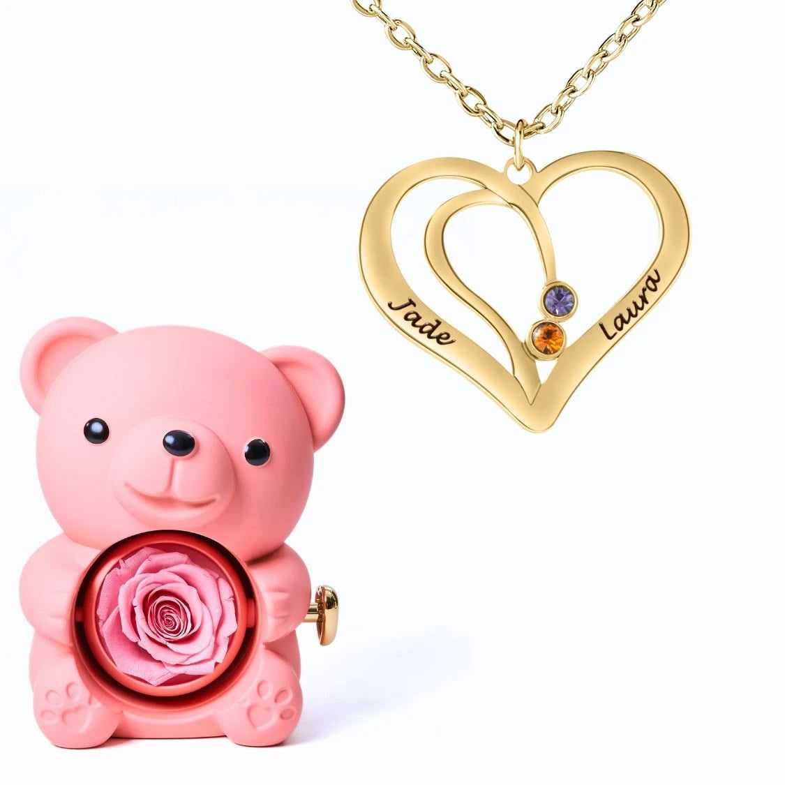 Ours Éternel & Collier Cœur Entrelacé avec Prénoms Gravés et Pierres de Naissance
