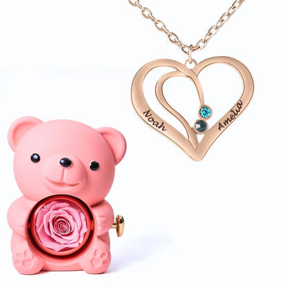 Ours Éternel & Collier Cœur Entrelacé avec Prénoms Gravés et Pierres de Naissance