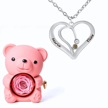 Ours Éternel & Collier Cœur Entrelacé avec Prénoms Gravés et Pierres de Naissance