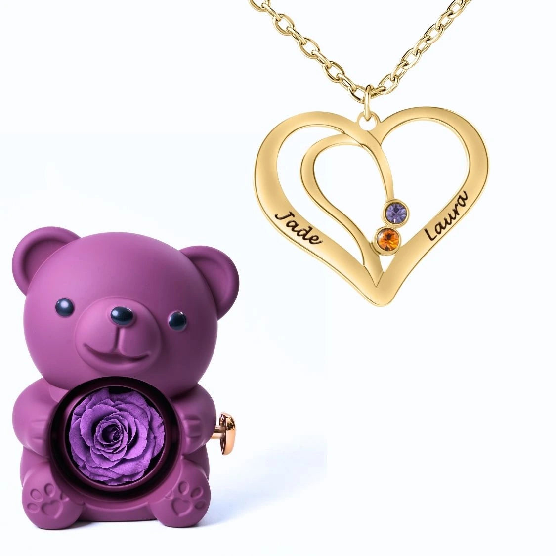 Ours Éternel & Collier Cœur Entrelacé avec Prénoms Gravés et Pierres de Naissance