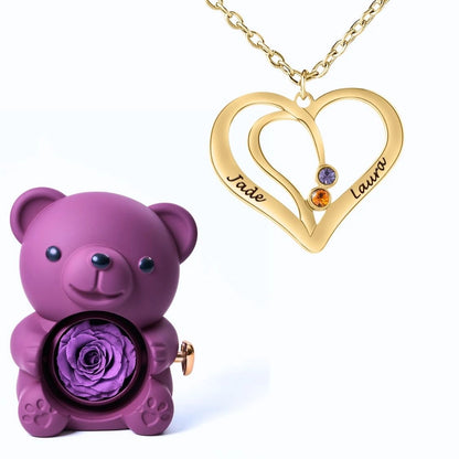 Ours Éternel & Collier Cœur Entrelacé avec Prénoms Gravés et Pierres de Naissance
