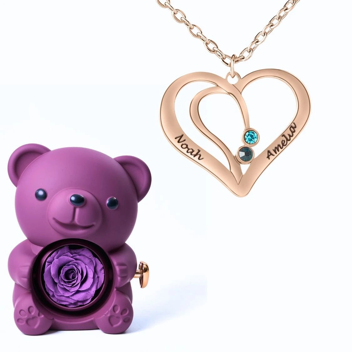 Ours Éternel & Collier Cœur Entrelacé avec Prénoms Gravés et Pierres de Naissance