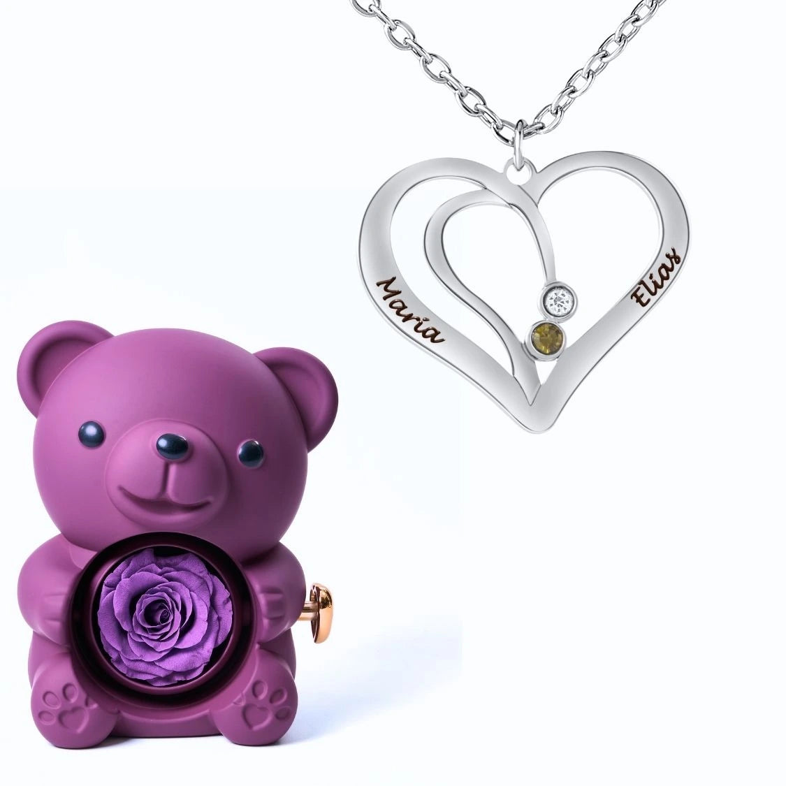 Ours Éternel & Collier Cœur Entrelacé avec Prénoms Gravés et Pierres de Naissance