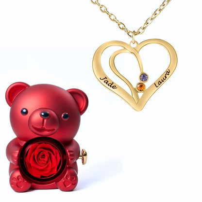 Ours Éternel & Collier Cœur Entrelacé avec Prénoms Gravés et Pierres de Naissance