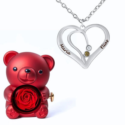 Ours Éternel & Collier Cœur Entrelacé avec Prénoms Gravés et Pierres de Naissance