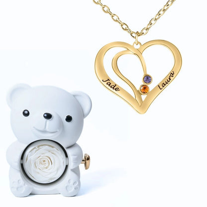 Ours Éternel & Collier Cœur Entrelacé avec Prénoms Gravés et Pierres de Naissance