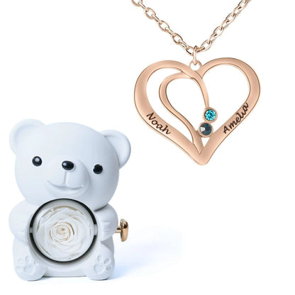 Ours Éternel & Collier Cœur Entrelacé avec Prénoms Gravés et Pierres de Naissance