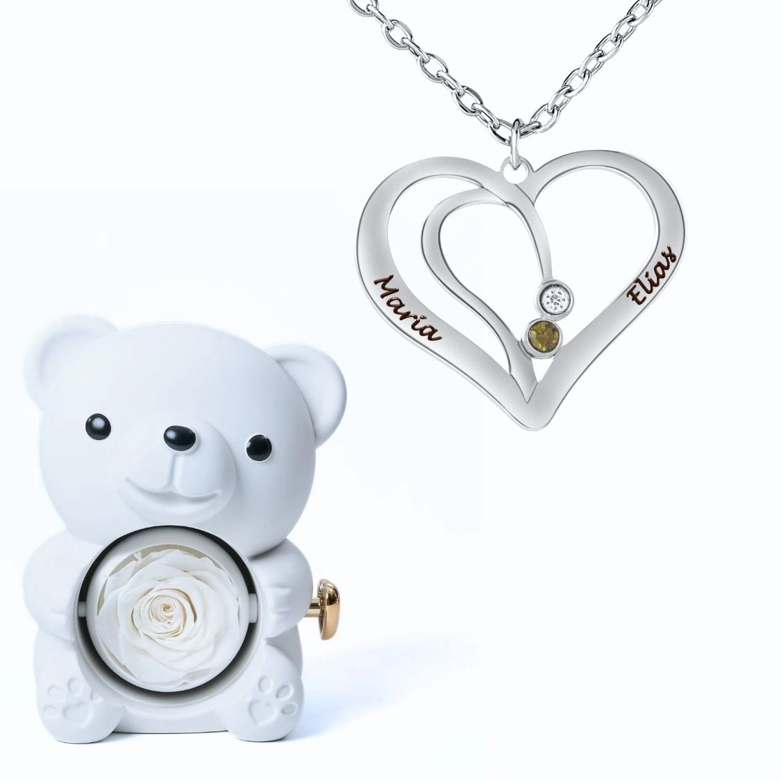 Ours Éternel & Collier Cœur Entrelacé avec Prénoms Gravés et Pierres de Naissance