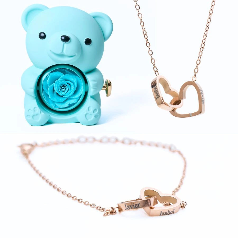 Eternal Rose Bear & Personalized Bracelet & Necklace