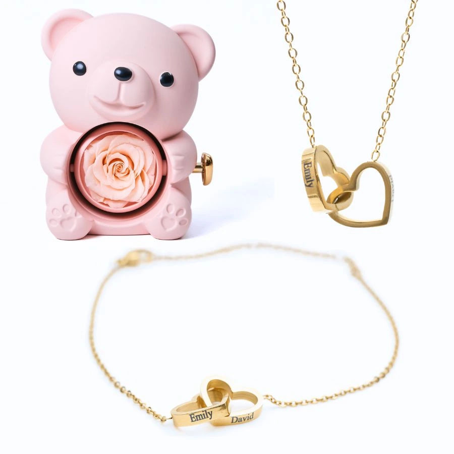 Eternal Rose Bear & Personalized Bracelet & Necklace
