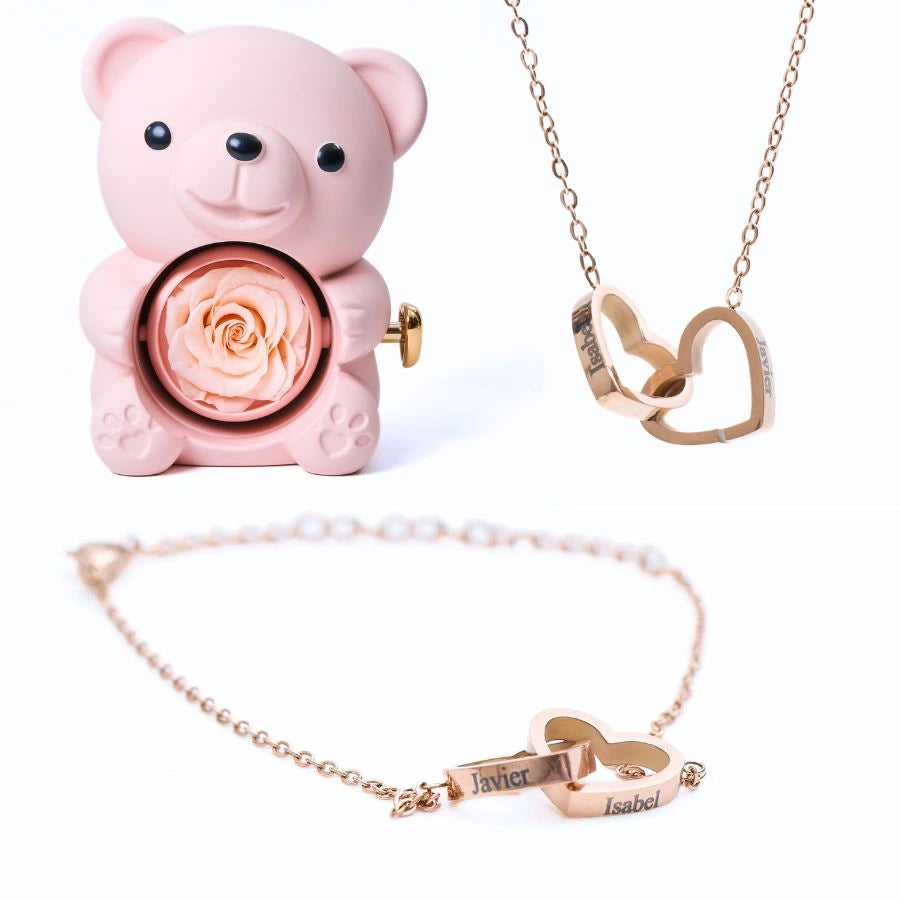 Eternal Rose Bear & Personalized Bracelet & Necklace
