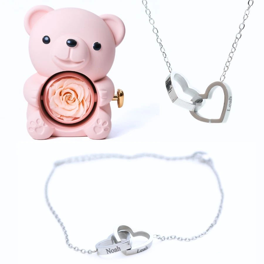 Eternal Rose Bear & Personalized Bracelet & Necklace