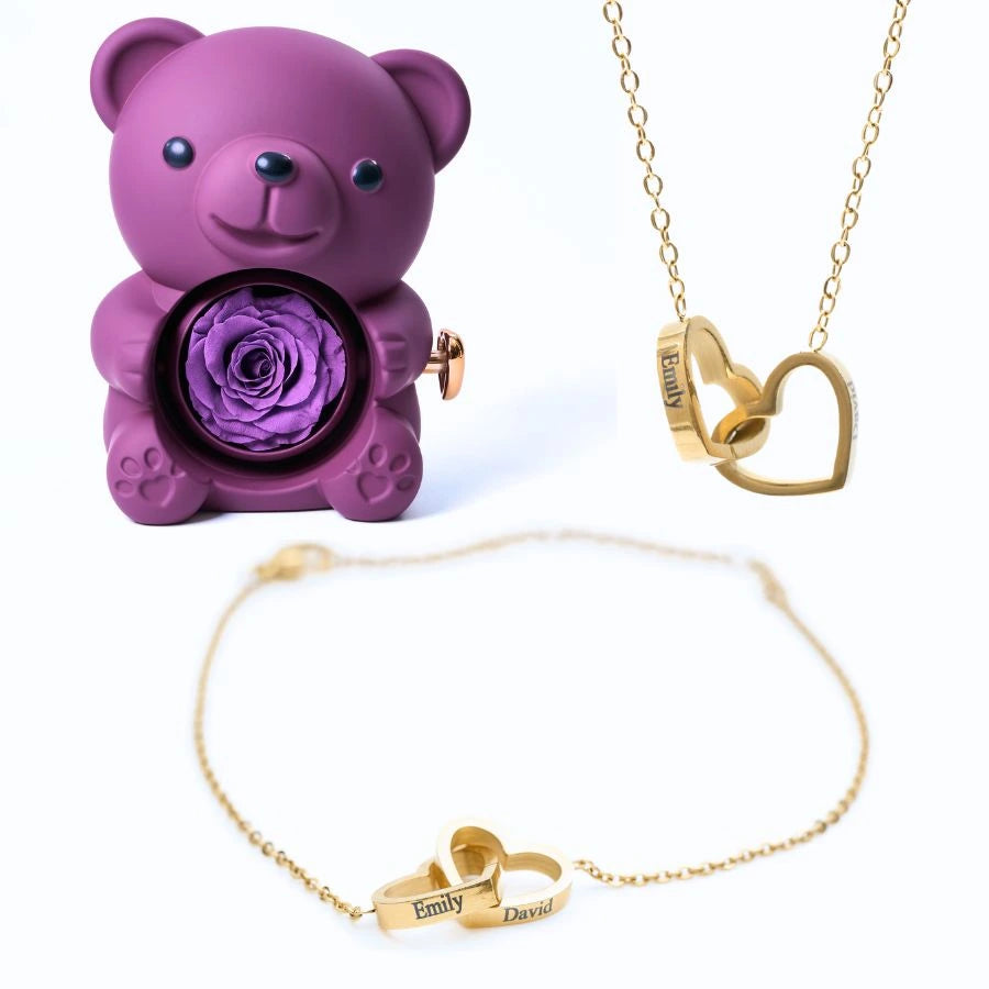 Eternal Rose Bear & Personalized Bracelet & Necklace